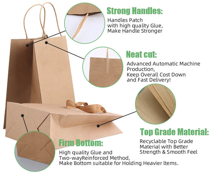 FSC Custom Promotional Plain Kraft Brown Paper Carrier Bags For Food Delivery