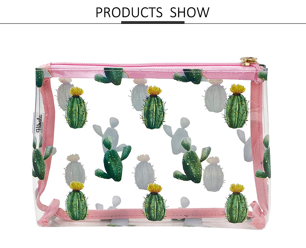 Zippered Cactus Print See Through PVC Cosmetic Bag