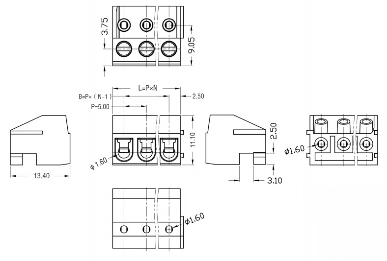 HQ332K-5.0mm Pitch Pcb Mount Screw Terminal Plastic 2 Poles