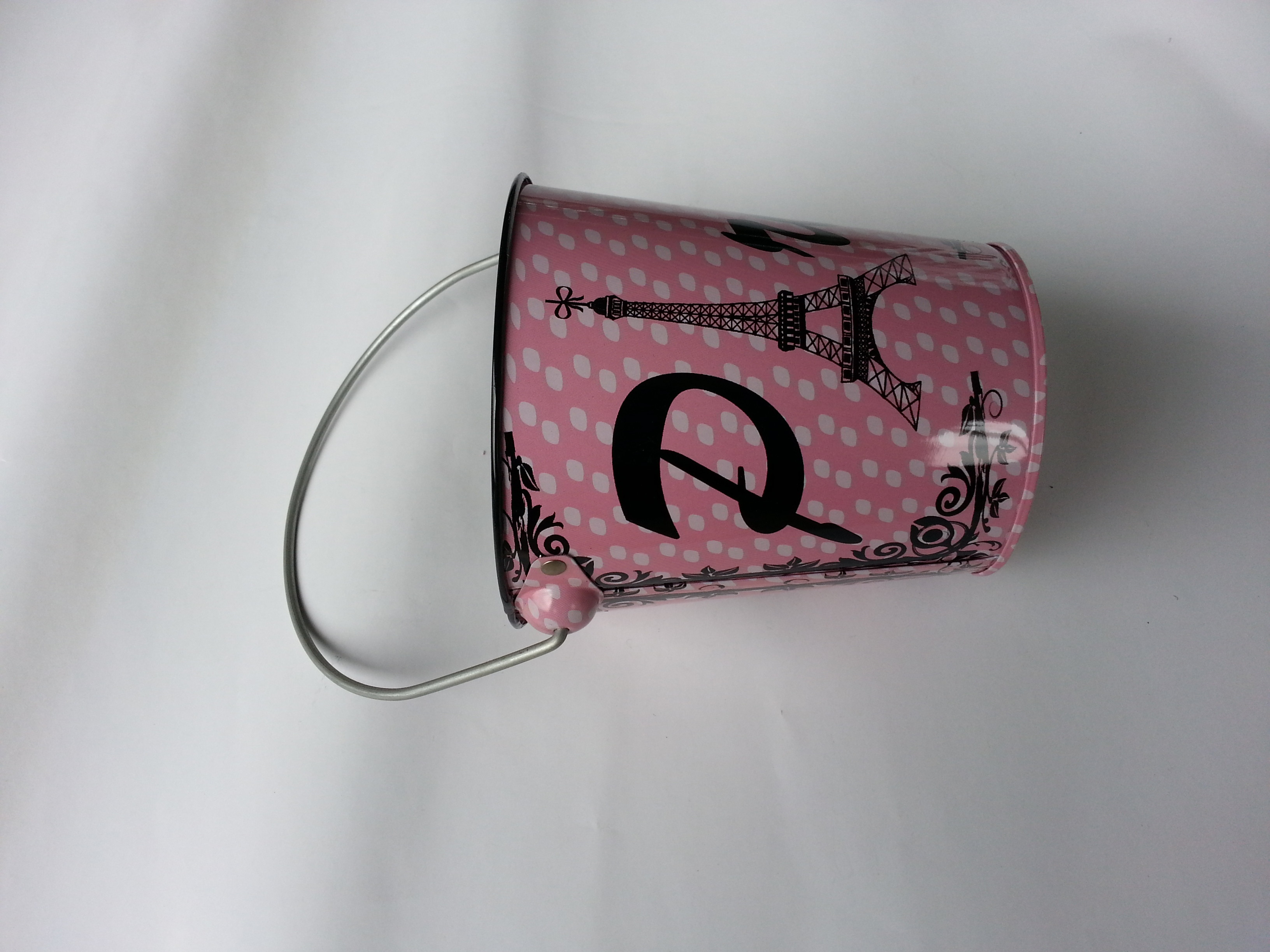 Eiffel Tower Printed Black Tin Metal Bucket With Handle Metal Pail Black