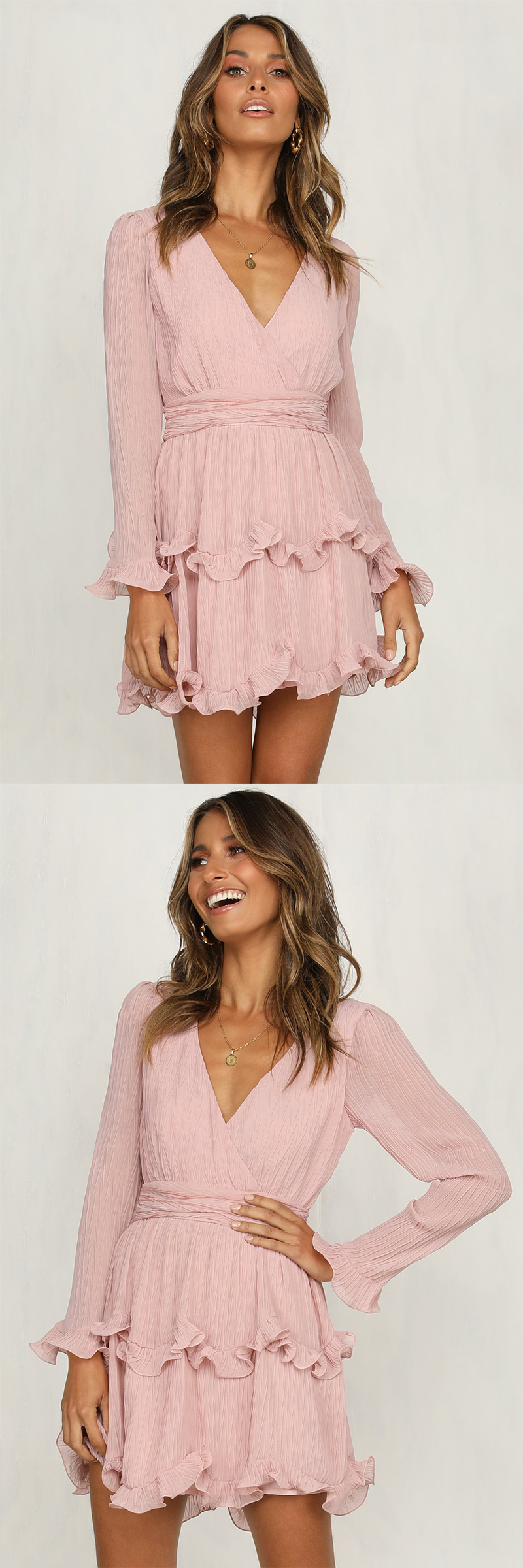 Fashion women Long Sleeve V neck Pink Vintage Dress