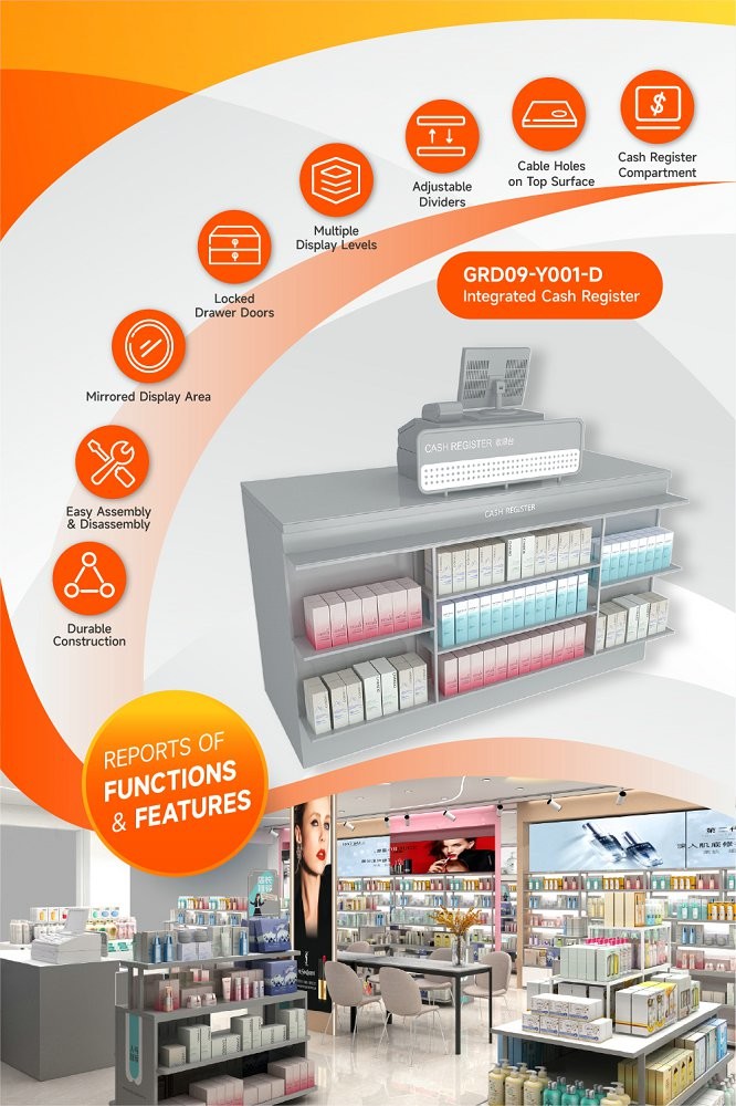 GDR09-Y001-D Retail Display Counter with 5mm Gray Glass and Lockable Drawer Fronts for Mall Booths