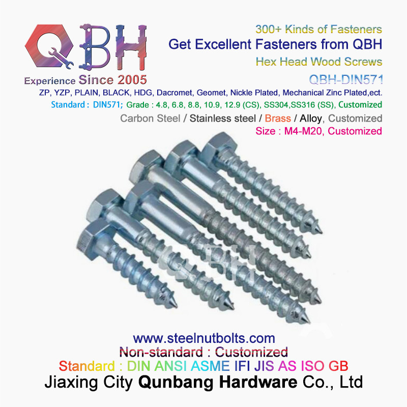 QBH DIN 571 YZP ZP WZP BZP Yellow White Blue Zinc Plated Carbon Steel Hex Wood Screws