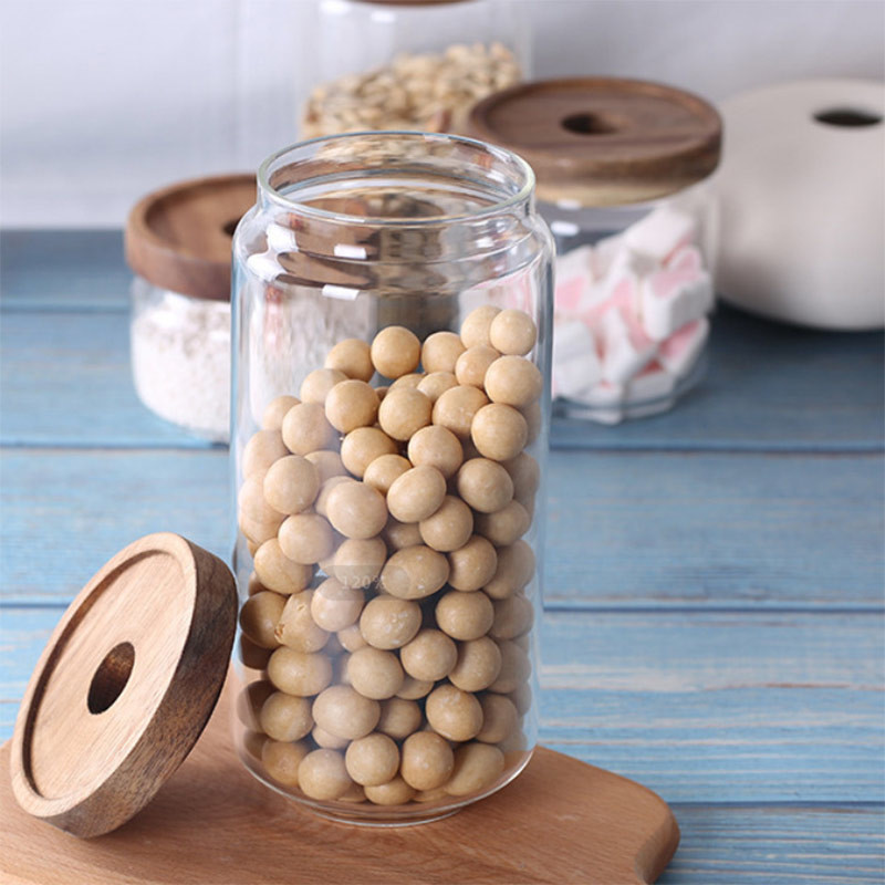 900ml Wood Cover Borosilicate Wide Mouth Glass Jars