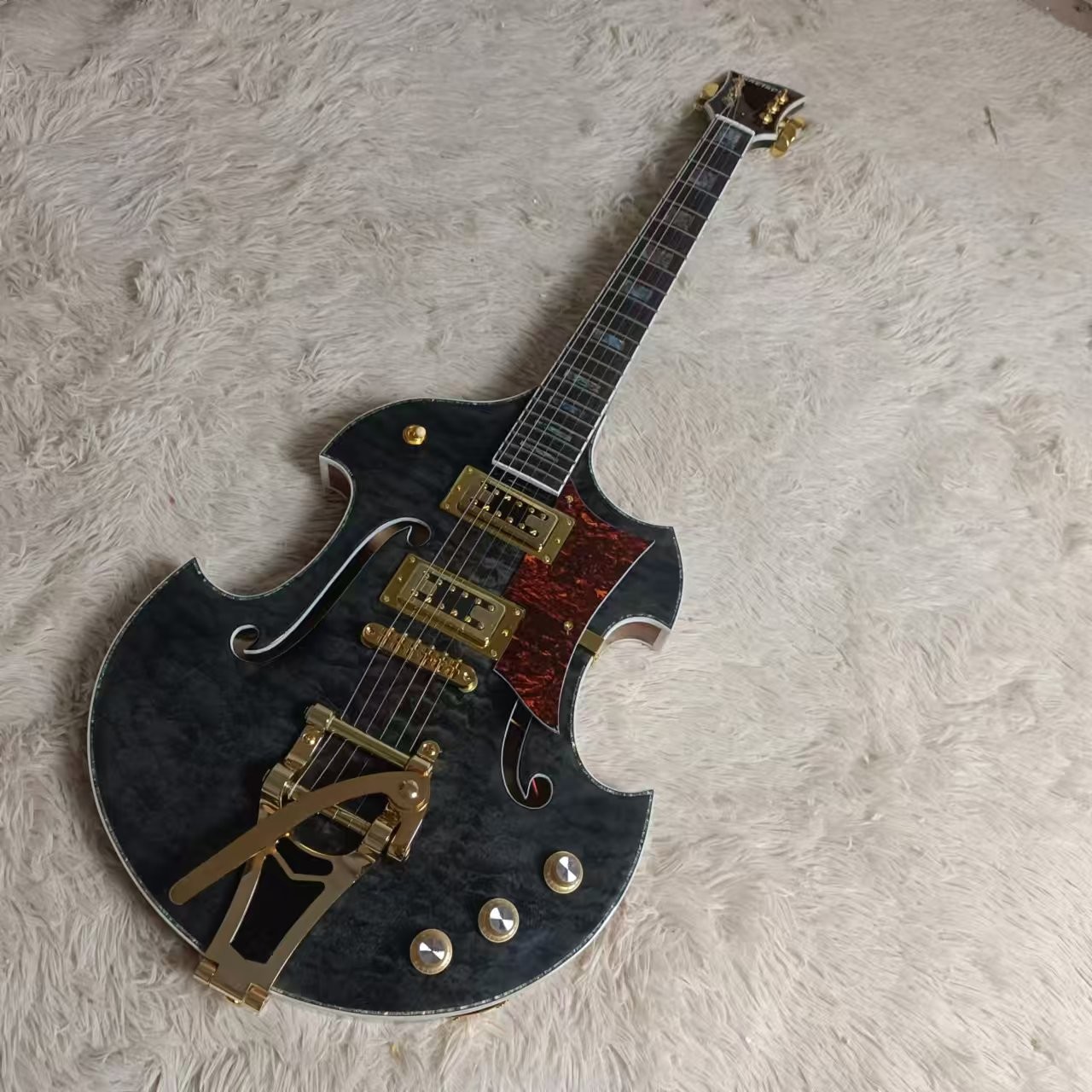 Custom f hole hollow body irregular body Gretsch electric guitar with bigs bys trem in blue color, accept guitar and bass OEM