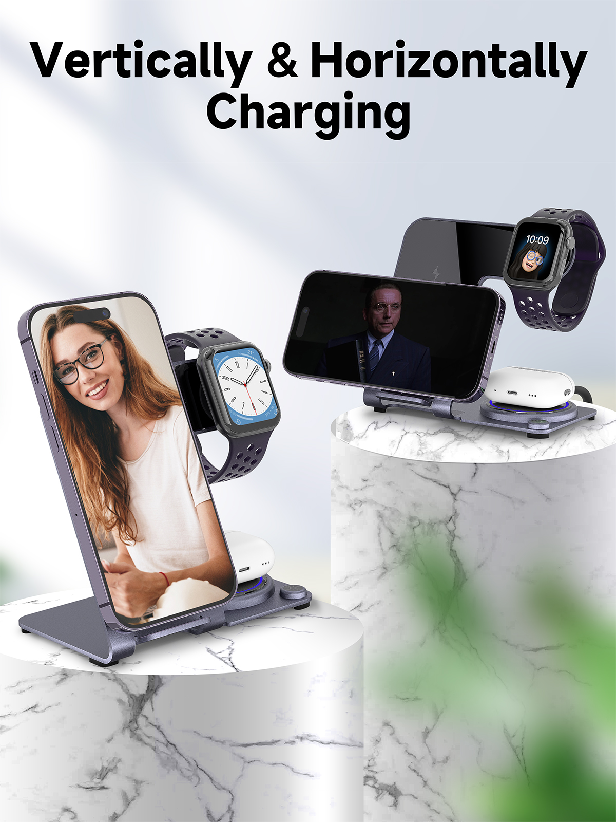 CE FCC ROHS Aluminum Alloy 3 in 1 Wireless Charger for Phone Input 9V-2A QC or PD
