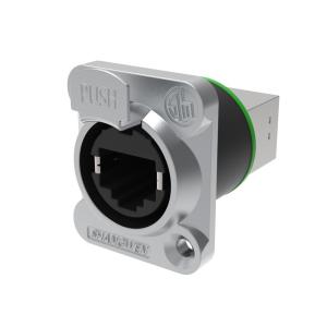 Female D-Style 8 Pin RJ45 Ethernet Chassis Connector Indoor Use IP44 PA66 Angled