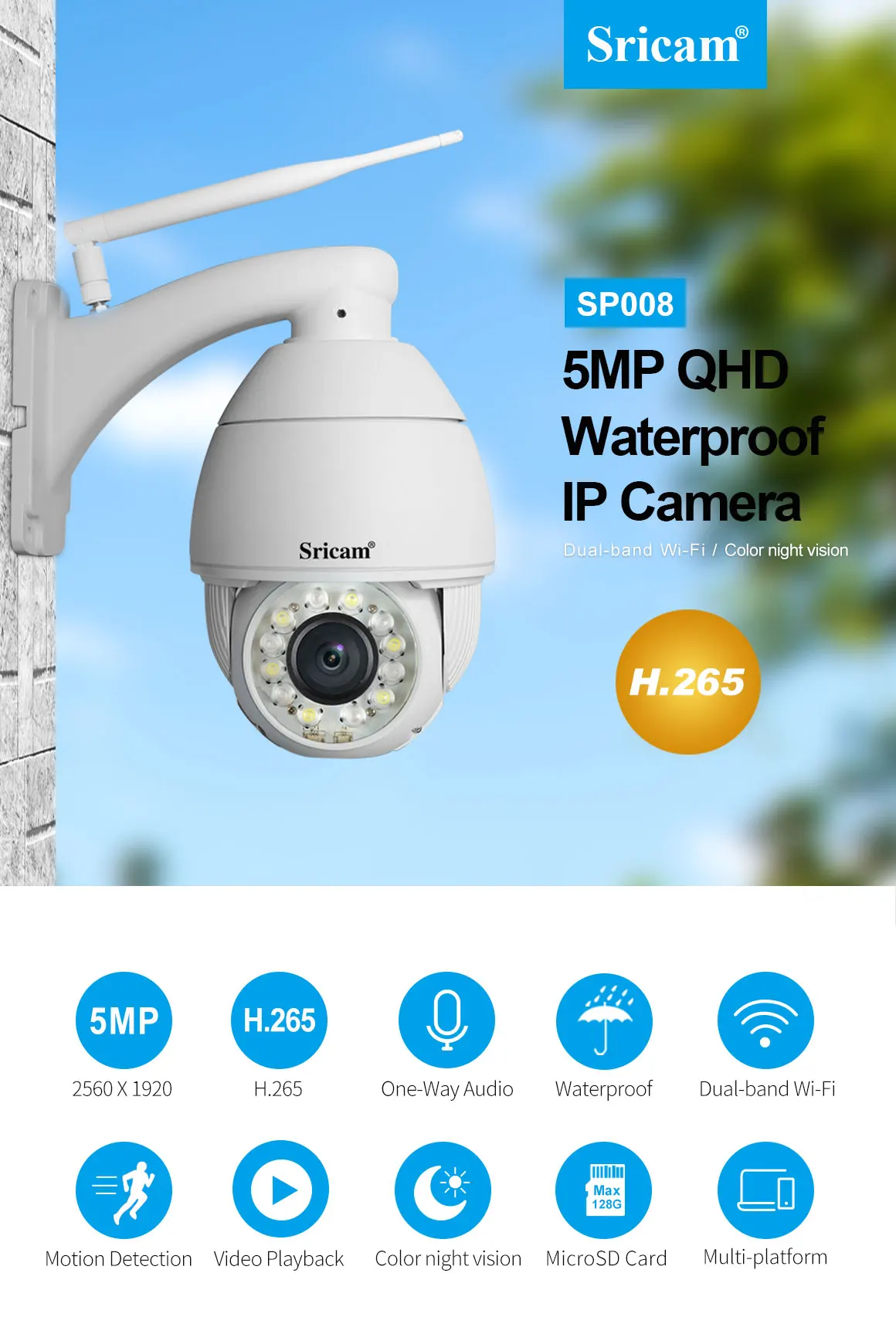 Waterproof Security Two-Way Audio Network Camera 5MP Built-In Micro Color Night Vision CCTV Camera