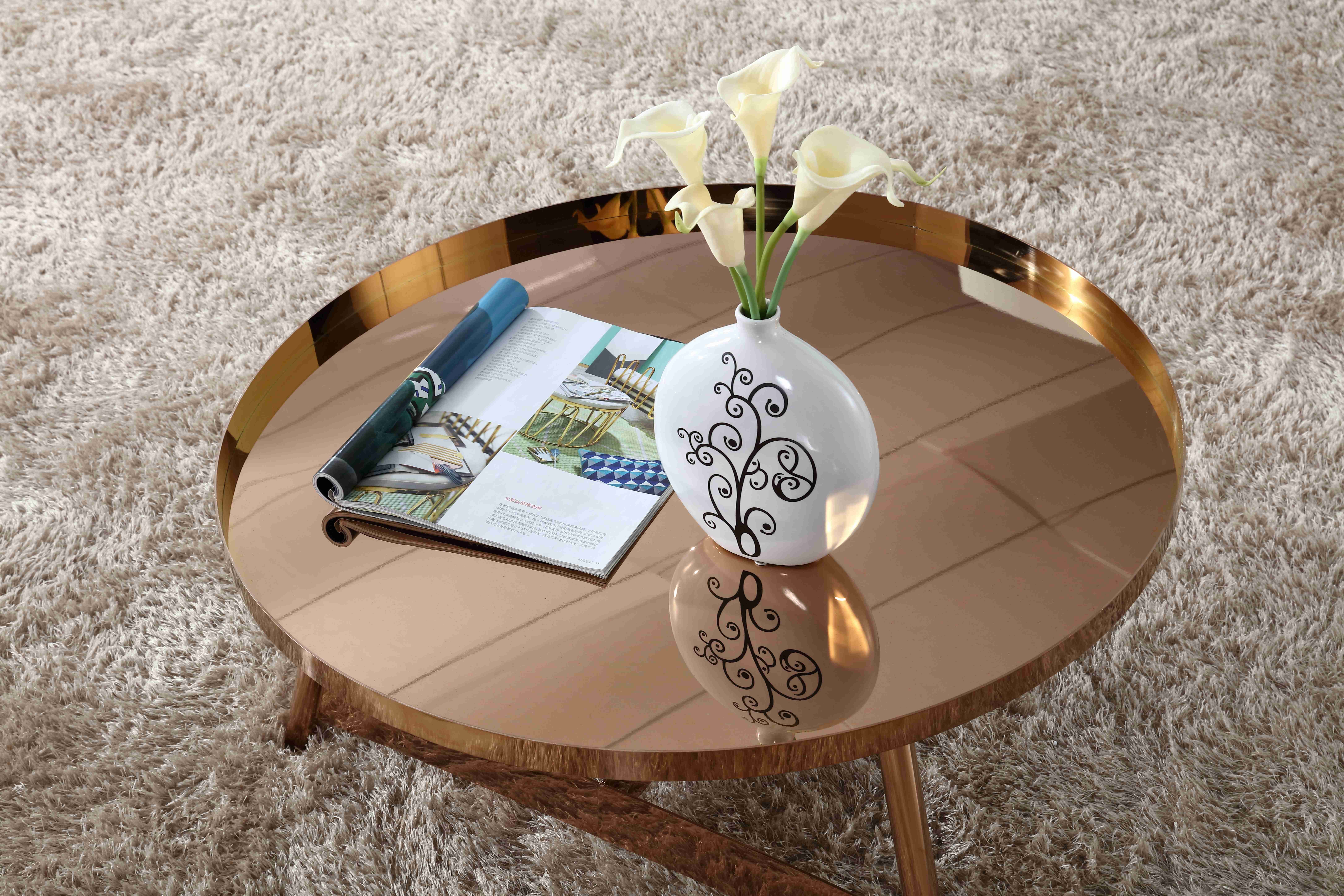 Interior Stainless Steel Shining Coffee Table Round Rose Gold Living Room Furniture