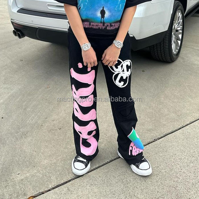 Patch Embroidery French Terry Acid Wash Raw Hem Distressed Flared Sweatpants Regular Fit 100% Cotton