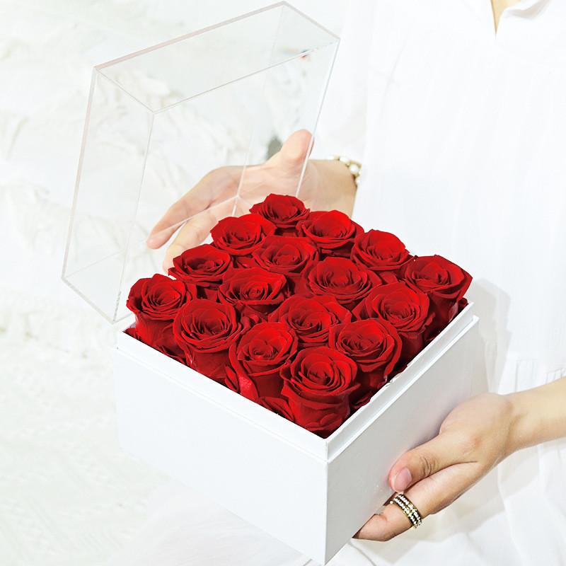 Customized Square Gift Boxes Preserved Roses In Box With Acrylic Cover