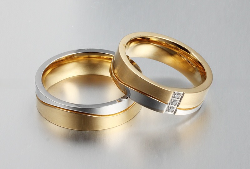 Engagement Wedding Rings Set 18K Gold Plated CZ Geometric Shape In Stainless Steel