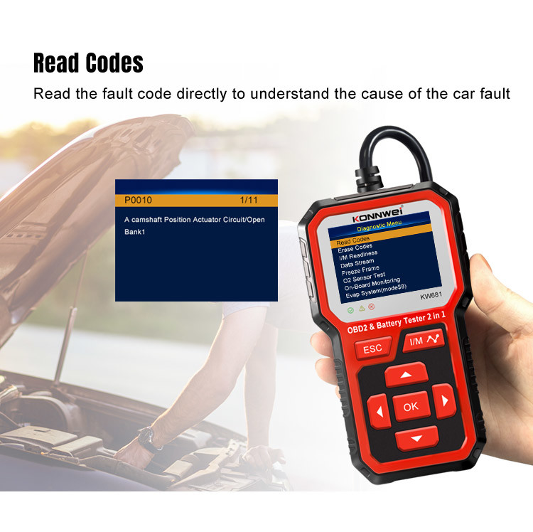 OBD II ABS Konnwei Car Battery Tester 9 Languages TFT Screen