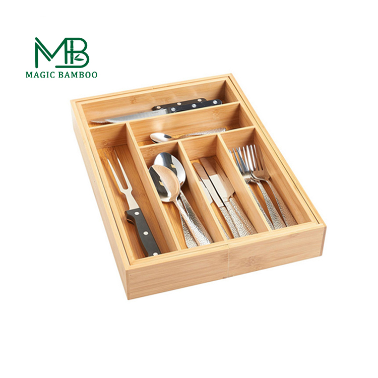 Eco-friendly Rectangle Bamboo Cutlery Serving Tray Set with 8 Adjustable Compartments