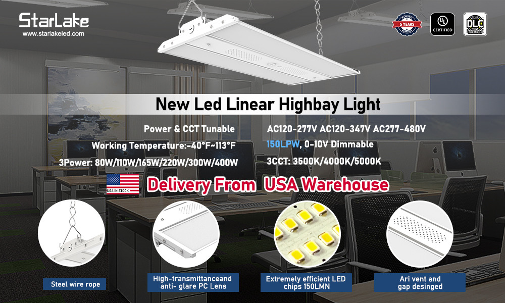 220W Linear High Bay LED Light Suspended Installation 3CCT Adjustable 3000K 4000K 5000K