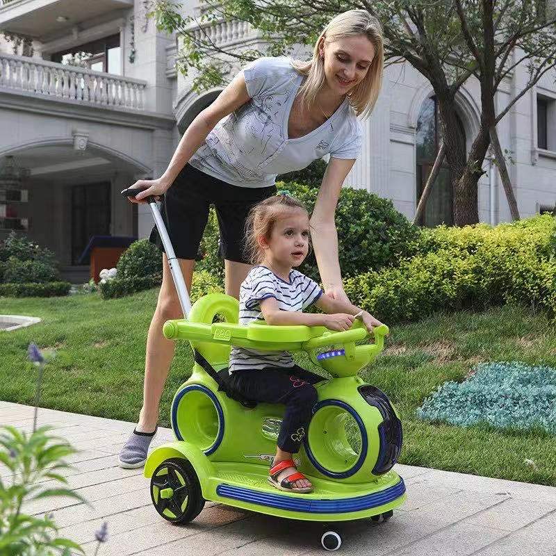 Children's Ride On Electric Car with Retractable Push Handle and Colorful Lights