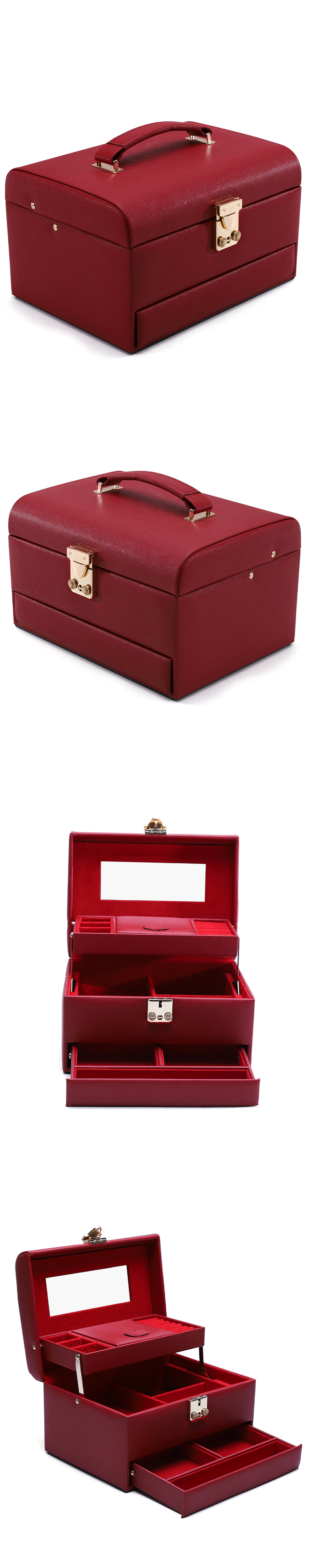 Red Portable Large Capacity PU Leather Jewelry Organiser with Mirror for Travel