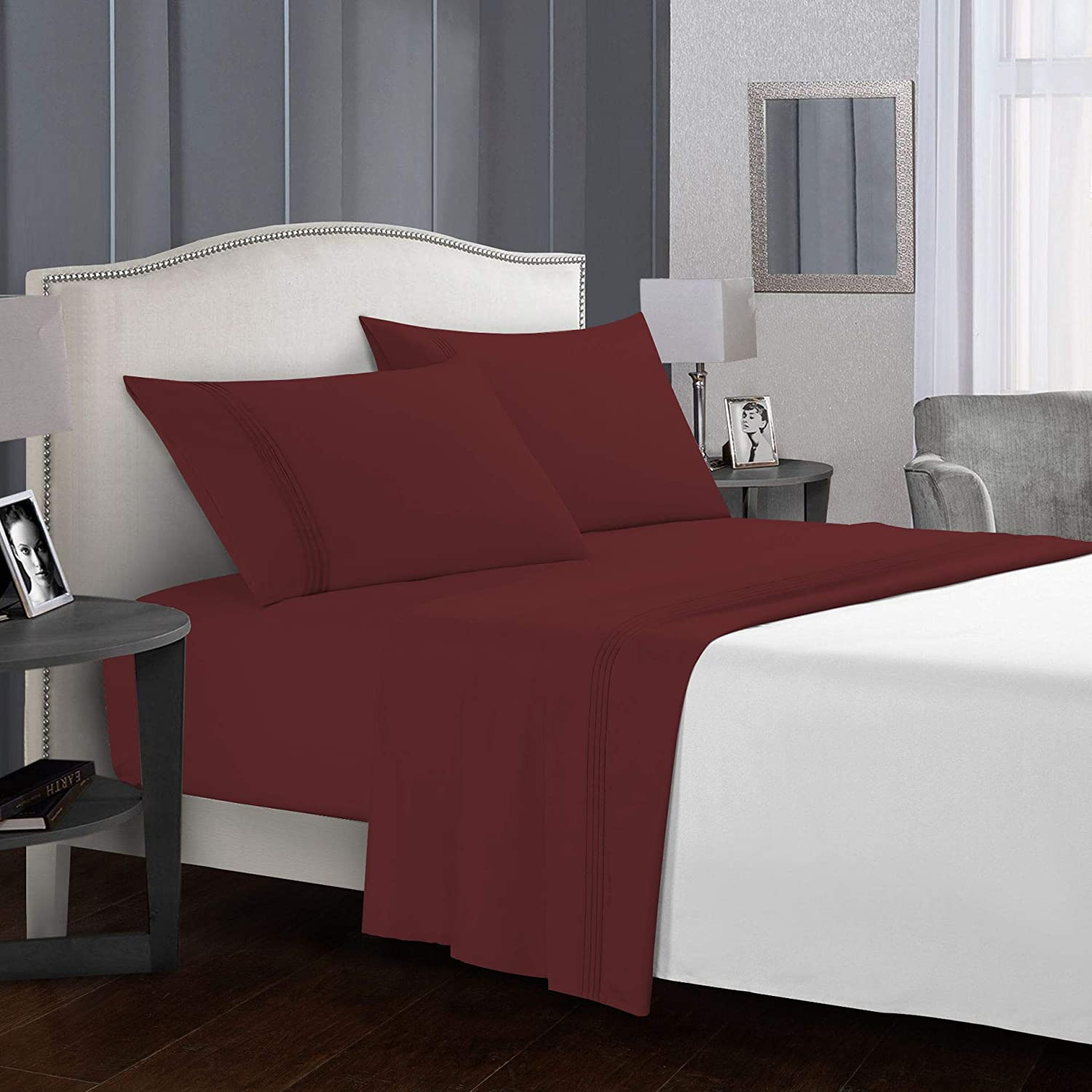 80gsm Microfiber Three Lines Embroidery Bed Sheet Set 4pcs for Bedroom