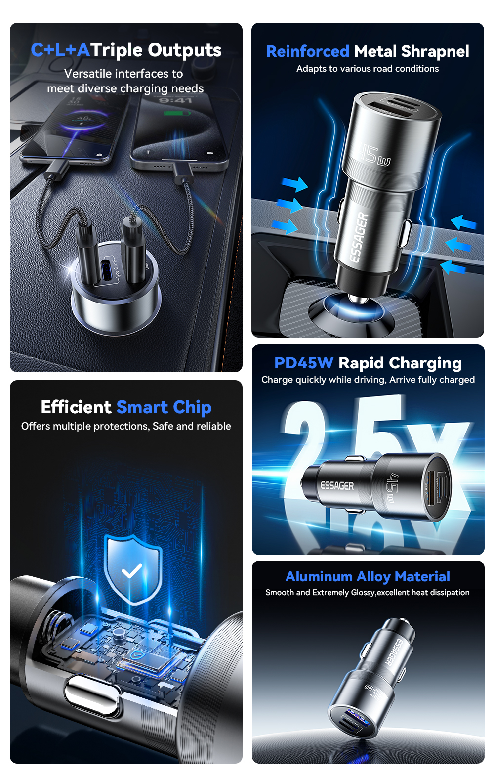 ESSAGER ES-CC14 Series 3 Ports 45W USB L USB C Type C Fast Car Charger