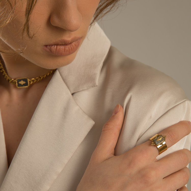 Opening Adjustable Gold Plated Band Rings Geometric Natural Turquoise Gemstone
