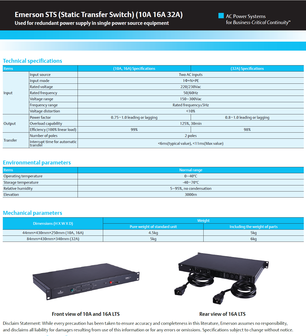 10A IEC Socket Standard Network Card VERTIV Dual Power Input Static Switching Switch