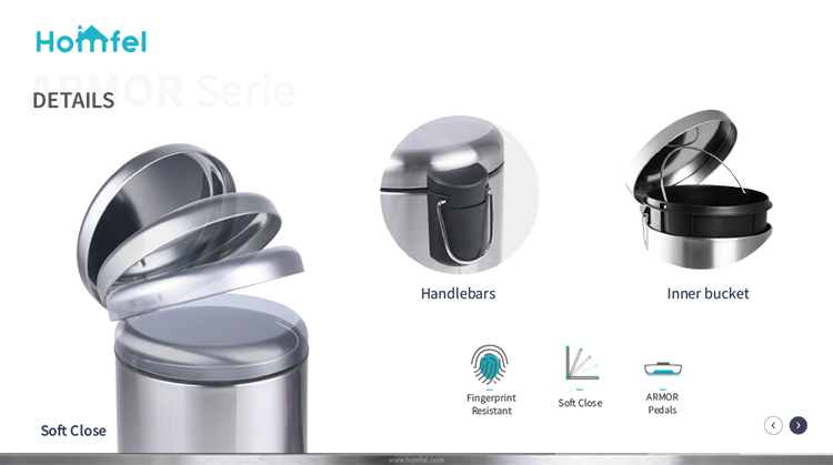 Kitchen Household Bowl lid Trash Can Capacity 3L/5L/12L/20L/30L Standing Stainless Steel Dustbin with Soft Close