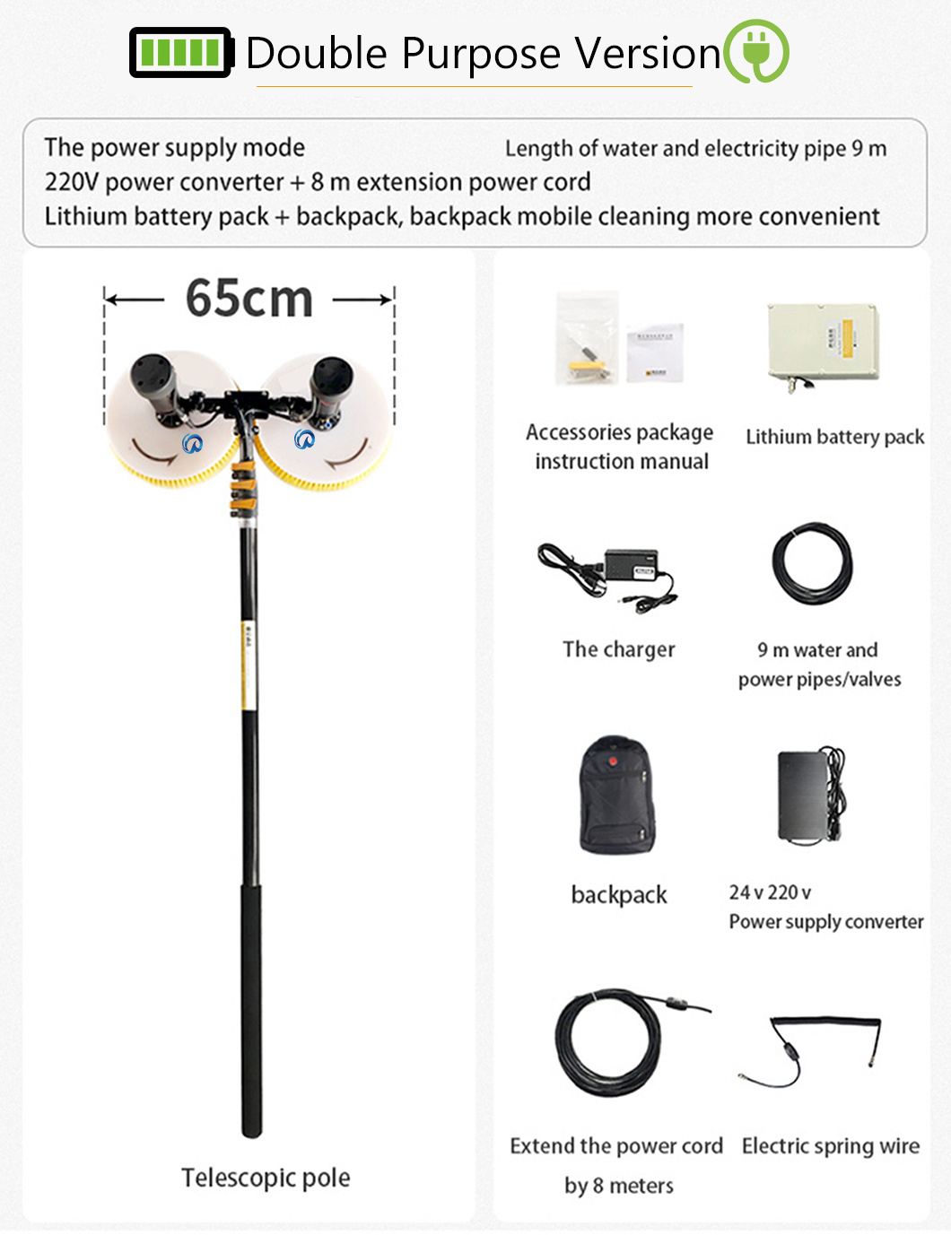 Economical and Portable Solution Solar Panel Cleaning Brush Double-Head Spin Brush with 7.5 M Handle for Boosting Solar Power System Energy