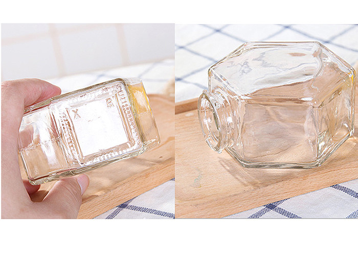 250ml-750ml Glass Honey Jars With Lids , Hexagon Glass Jars Clear Color