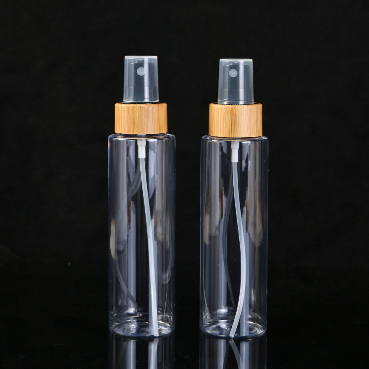 Body Material PET 100ml 120ml 250ml Empty Clear Plastic Bottle with Fine Mist Bamboo Black Sprayer for Cosmetic Packaging