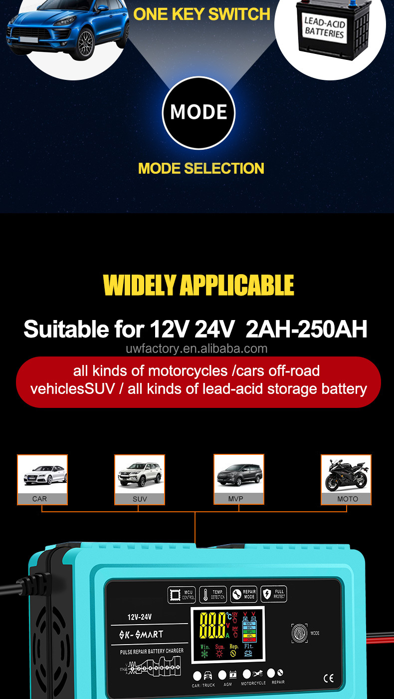 Fast Charging Speed 7-Stage Auto Lead Acid Battery Charger 12V 6A 24V 3A for LiFePO4 Lithium 12V/24V Motorcycle Battery