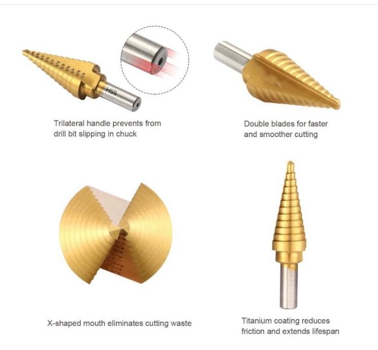 3PCS Cobalt Coated Step Bits Titanium Hex Shank HSS Co Drill Bits