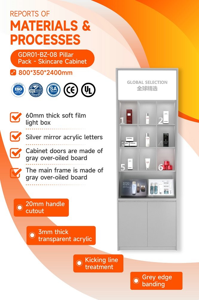 GDR01-BZ-08 Skincare Display Pillar with Grey Over-Oil Board and Soft Film Light Box for High-End Brand Sales Counters
