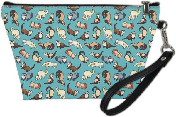Cute Ferrets Print Small Zipper Makeup Bag with Strap Water Resistant PU Leather