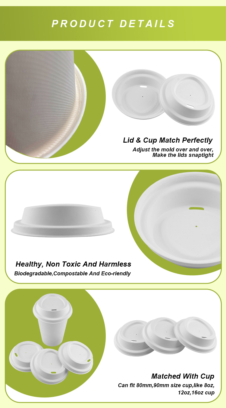 Refrigerator Safe Biodegradable 80mm 90mm Bagasse Coffee Cups And Lids