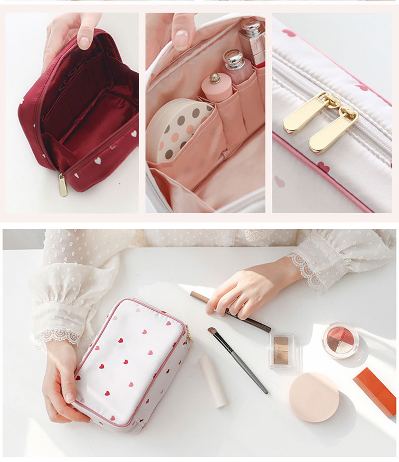 Beautiful Printed Pink Heart Satin Fabric Makeup Brush Bag With Zipper