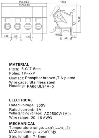 WT250-5.0A pcb spring type terminal block, spacing 5.0/7.5mm, factory direct sales