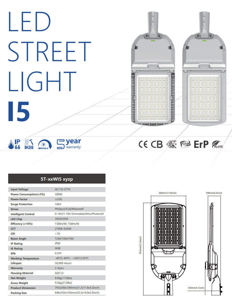 60W-300W Outdoor LED Street Lamp Solar IP66 Garden