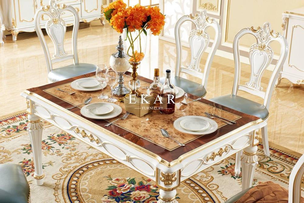 European Elegant Veneer High Gloss Solid Wood Dining Table Set