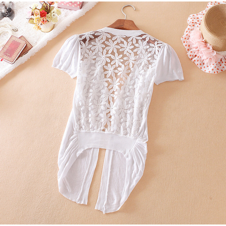 Spring/Fall Hot Selling Fashion Women's Clothing Brand See Through White Short Sleeve Crochet Net Lace Cardigan