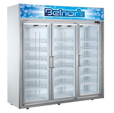 Vertical Supermarket Display Refrigerator , Three Glass Door Commercial Fridge