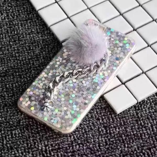 Soft TPU Flashing Sequins Metal Chain Bracelet Small Hairball Cell Phone Case