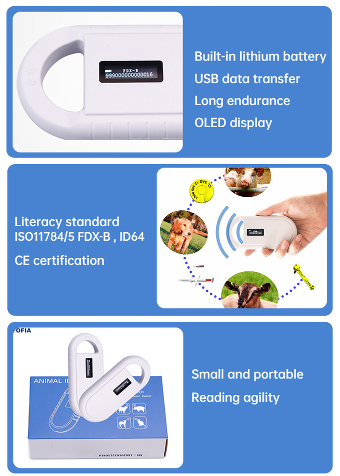 Universal Pets Animal Microchip ID Scanner For All FDX-B 134.2khz And USB Cable To Charge Battery