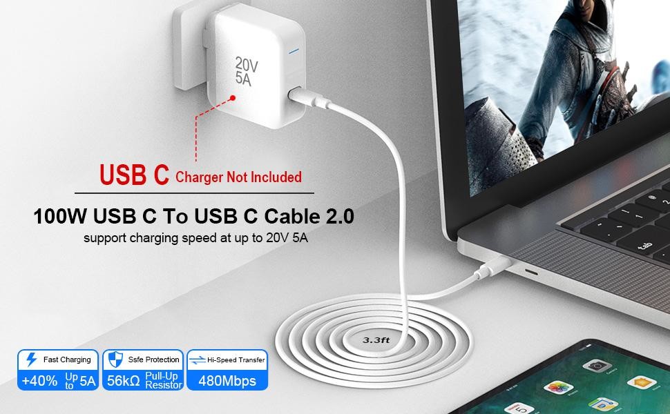 100W 5A USB C To USB C Cable Type C Charger Cord Compatible With MacBook Pro Air