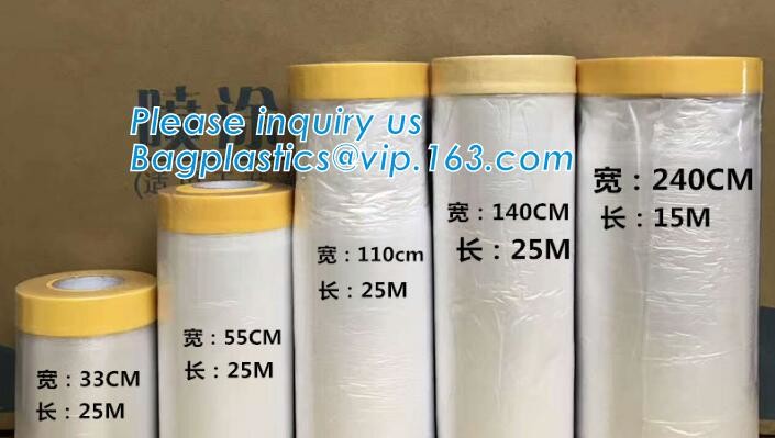 Disposable PE pre-taped self static cling masking film, Cover mask plastic drop film PE protection film with tape, BAGEA