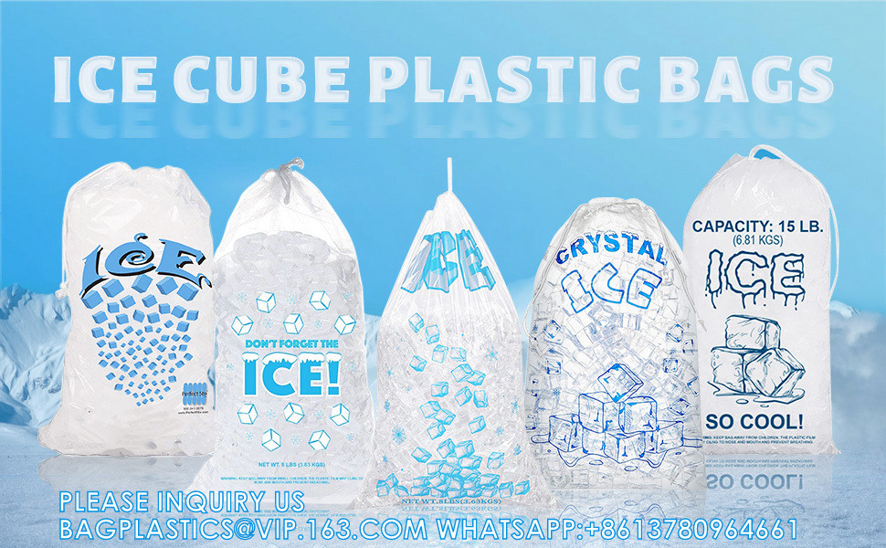 Reusable Ice Pattern Design Printing 2mil Thickness Heavy-Duty Plastic Ice Cube Storage Bags With Cotton Drawstring