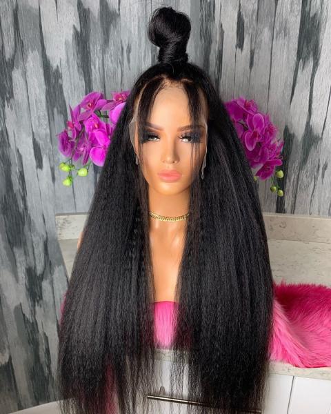 Brazilian 360 Lace Frontal Human Hair Pre Plucked Yaki Straight Wig With Baby