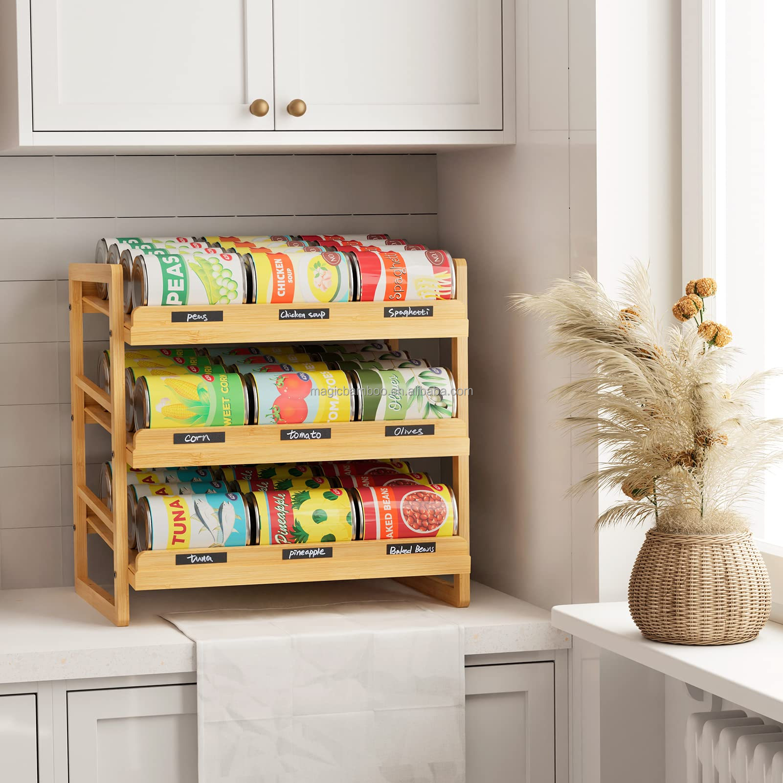 Food 3 Tier Stackable Bamboo Can Holder Storage Organizer with Sustainable Label Sticker