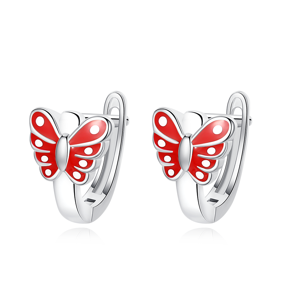 Butterfly Red Enamel Childrens Sterling Silver Hoop Earrings White Gold Plated