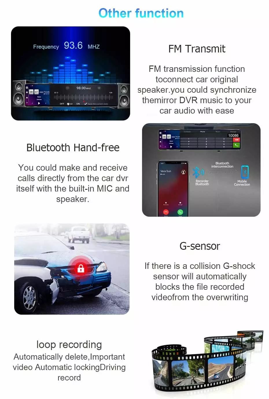 FHD1080P Dual Wireless Dashboard Camera Mirror Mounted Dash Cam IPS Screen