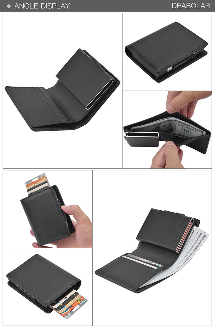 RFID Blocking Pop Up Aluminium Slim Genuine Leather Smart Credit Card Holder for Men